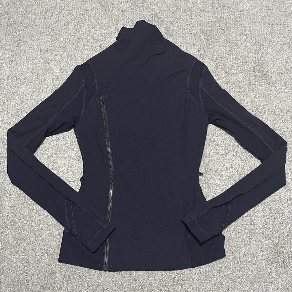 Lululemon Bhakti Yoga Jacket asymmetric front zipper Navy Blue funnel neck Sz 4